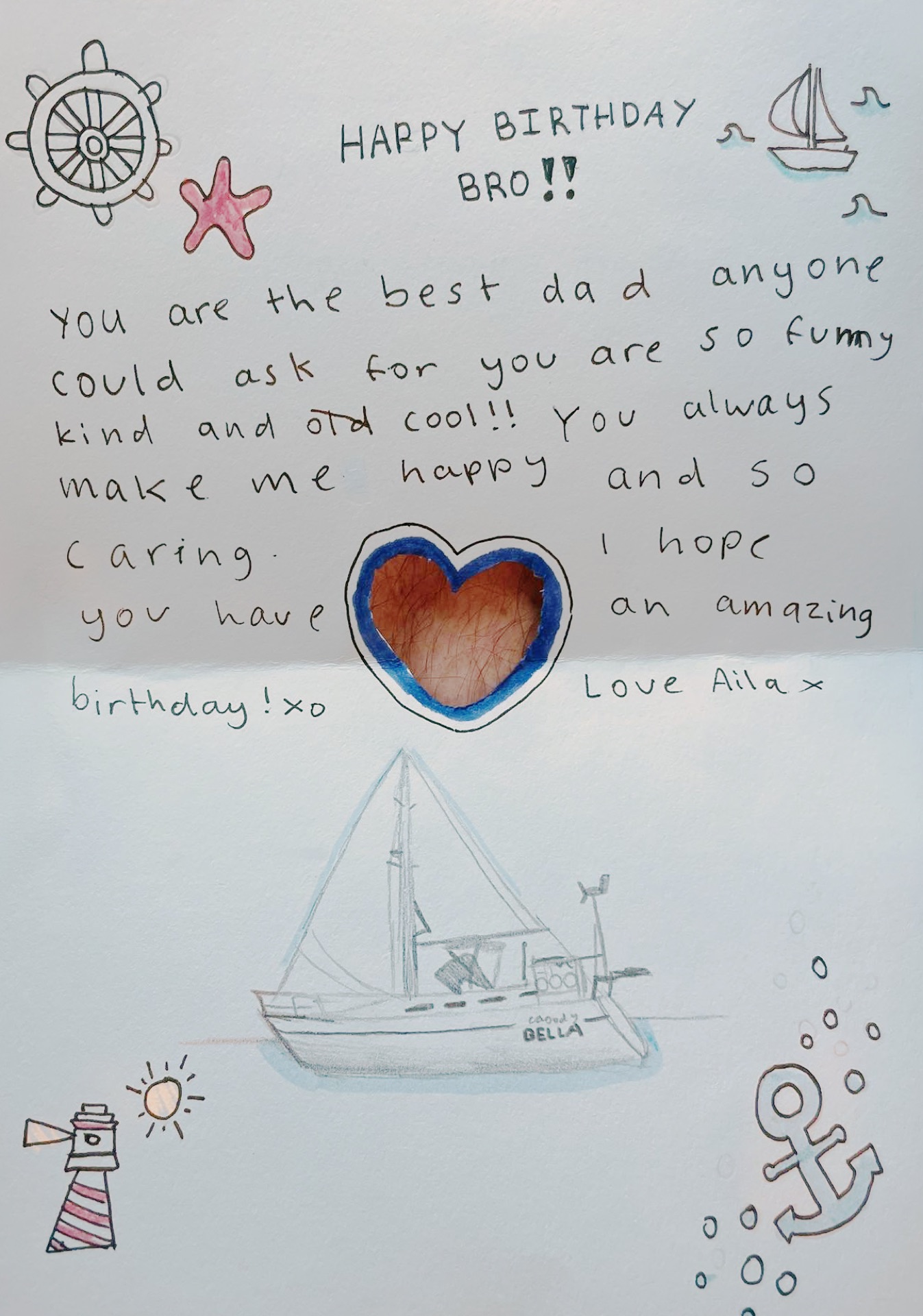 Aila's hand-drawn birthday card for Nharayan, featuring Bella in full sail