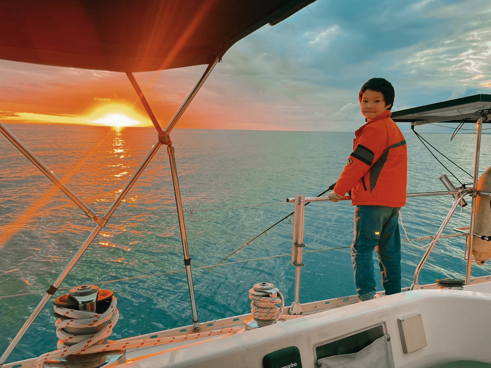 Koa at bow in orange sunset light